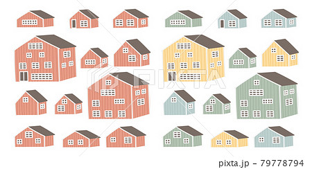 Set of red yellow blue green red wooden houses. Vector cartoon hand drawn buildings on white background Set of red yellow blue green red wooden houses. Vector cartoon hand drawn buildings on white background 79778794