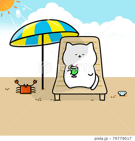 浜辺でくつろぐ白猫のイラストのイラスト素材