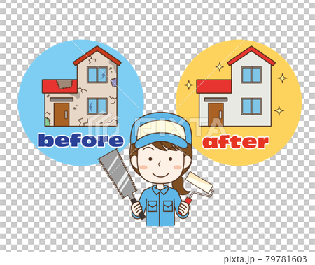 住宅リフォーム女性ビフォーアフターのイラスト素材