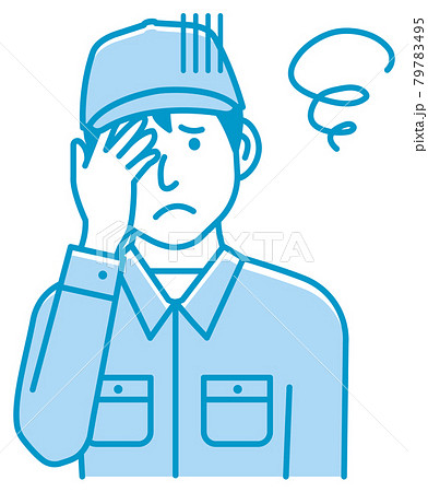 若い男性作業員のジェスチャーパターン ベクターイラスト（上半身) / 落胆・悩む・落ち込む 79783495
