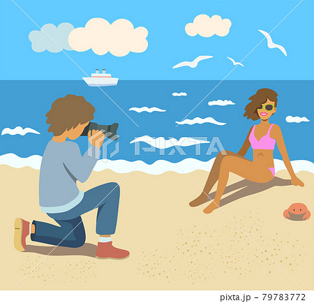Man make a photo of a beautiful girl in bikini on the beach. Sunny day. Vector illustration 79783772