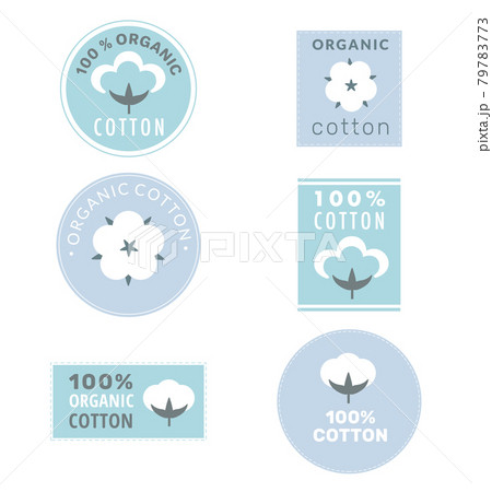 Collection of cotton labels and organic cotton signs with delicate pastel colors isolated on white background.  79783773