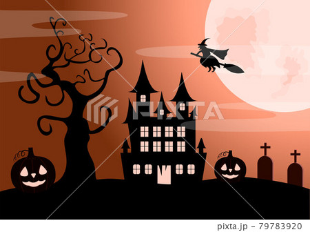 Halloween Night Party Landing Page Illustration With Witch, Haunted House, Pumpkins, Bats and Full Moon. For Background, Banner, Wallpaper, or Brochure Halloween Night Party Landing Page Illustration With Witch, Haunted House, Pumpkins, Bats and Full Moon. For Background, Banner, Wallpaper, or Brochure 79783920