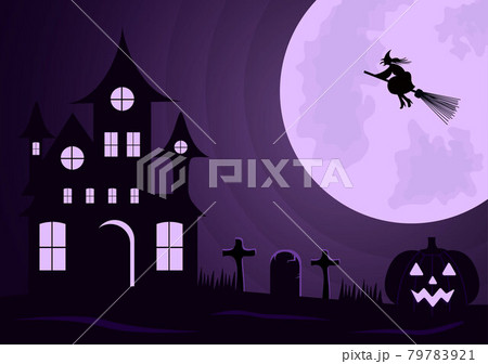 Halloween Night Party Landing Page Illustration With Witch, Haunted House, Pumpkins, Bats and Full Moon. For Background, Banner, Wallpaper, or Brochure Halloween Night Party Landing Page Illustration With Witch, Haunted House, Pumpkins, Bats and Full Moon. For Background, Banner, Wallpaper, or Brochure 79783921