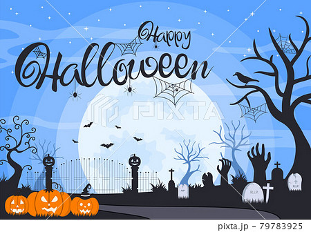 Halloween Night Party Landing Page Illustration With Witch, Haunted House, Pumpkins, Bats and Full Moon. For Background, Banner, Wallpaper, or Brochure Halloween Night Party Landing Page Illustration With Witch, Haunted House, Pumpkins, Bats and Full Moon. For Background, Banner, Wallpaper, or Brochure 79783925