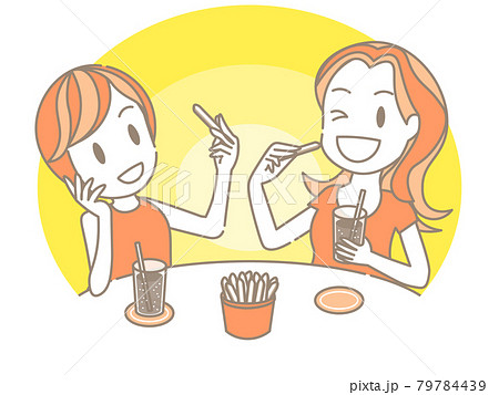 フライドポテトを食べながら楽しくおしゃべりする女性二人 ラインのイラスト素材