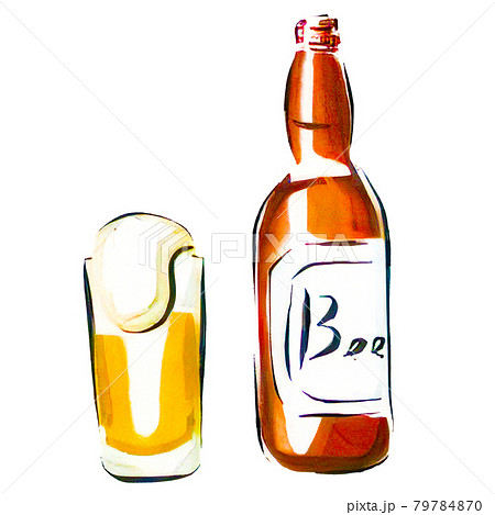 手描き風の瓶ビールとグラスに注がれたビールのイラストのイラスト素材
