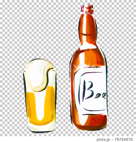 手描き風の瓶ビールとグラスに注がれたビールのイラストのイラスト素材 手描き風の瓶ビールとグラスに注がれたビールのイラストのイラスト素材