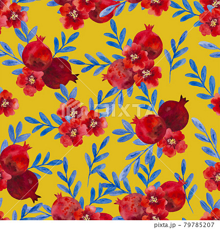 Watercolor seamless pattern with pomegranate flowers and branches. Hand painted illustration.  79785207