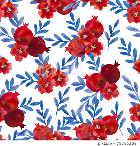 Watercolor seamless pattern with pomegranate flowers and branches. Hand painted illustration.  79785208