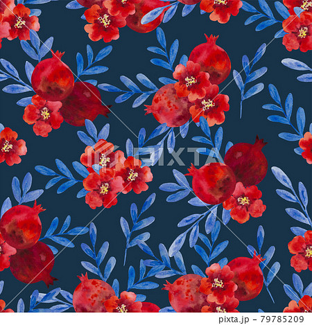 Watercolor seamless pattern with pomegranate flowers and branches. Hand painted illustration. Watercolor seamless pattern with pomegranate flowers and branches. Hand painted illustration. 79785209