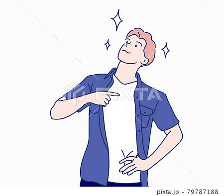 Young man looking away and pointing himself, he proud. Hand drawn in thin line style, vector illustrations. 79787188