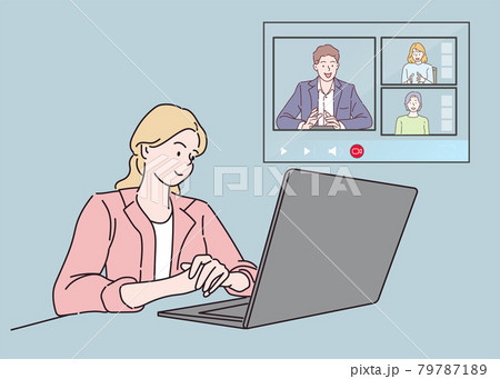 A girl use laptop computer and video call with partner. she work from home because infection control coronavirus. Hand drawn thin line style, vector illustrations. 79787189
