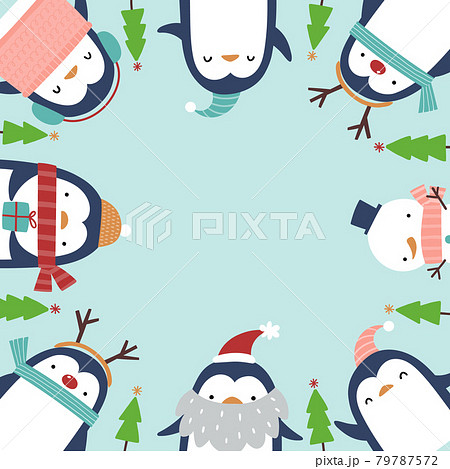 かわいいペンギンのクリスマス向け背景 フレーム素材のイラスト素材