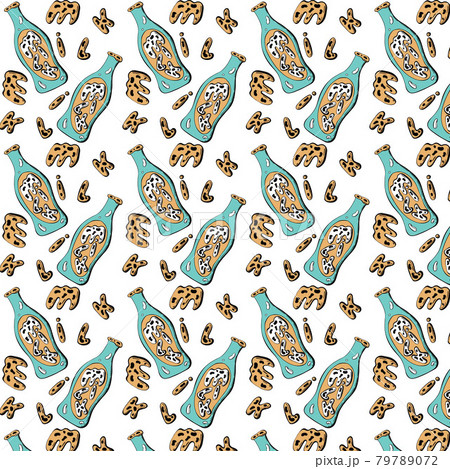 Seamless abstract pattern with milk bottles and letters MILK, hand drawing, blue and beige color, white background. 79789072
