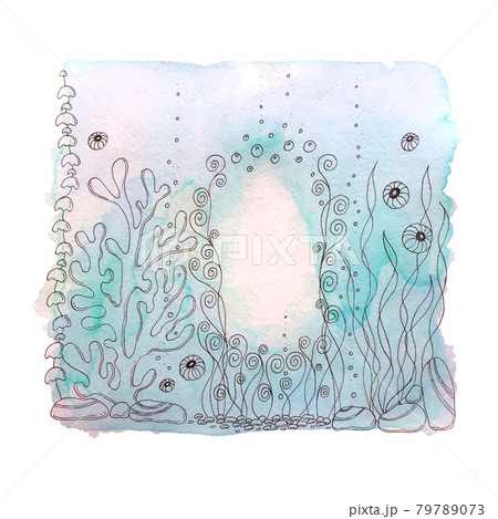 Marine background watercolor, hand drawing, doodling, outline sketch, seaweed, stones. For background, backdrop, banner, packaging, wallpaper, label. 79789073