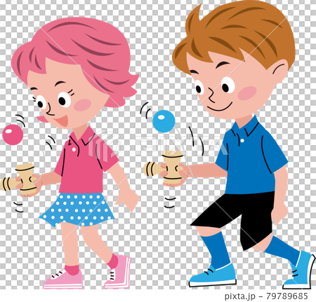 男の子と女の子がけん玉をしているイラストのイラスト素材