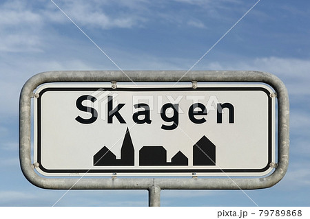 Skagen road sign at the entrance of the city, Denmark Skagen road sign at the entrance of the city, Denmark 79789868