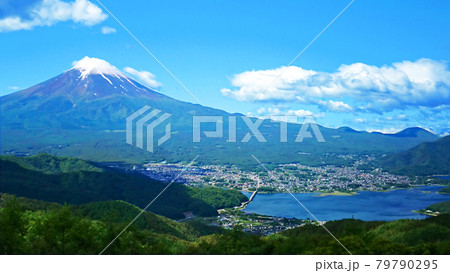 光城山・長峰山からの世界遺産・富士山と青空の河口湖と湖畔に広がる街並み、絵葉書のような絶景・風景(山 光城山・長峰山からの世界遺産・富士山と青空の河口湖と湖畔に広がる街並み、絵葉書のような絶景・風景(山 79790295