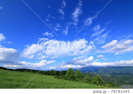 牧場からの景色　青い空と白い雲	 79791445