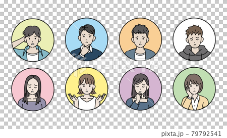 若い男女　アイコン　人々　若者　困る　悩む　不安　大学生　男性　女性　イラスト素材 79792541