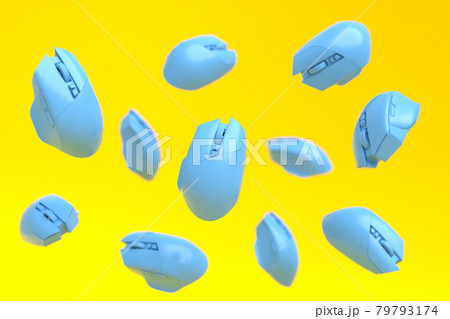 Flying blue gamer mouse on yellow background with blur 79793174