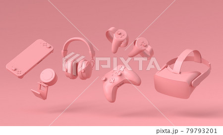 Flying gamer gears like mouse, keyboard, joystick, headset, VR on pink Flying gamer gears like mouse, keyboard, joystick, headset, VR on pink 79793201