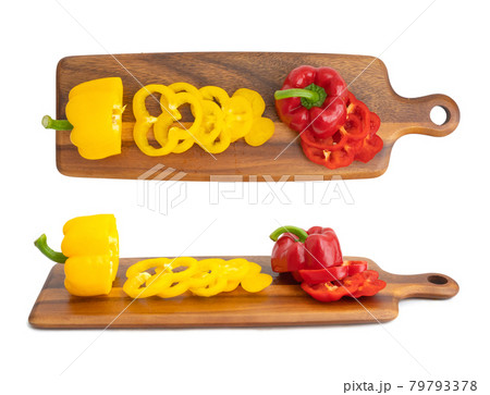 Top view of bell peppers. Fresh vegetables. Raw organic healthy food. Grocery and supermarket cooking and eating isolated on white background. 79793378