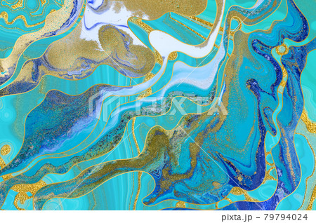 Marbled blue and gold abstract background. Liquid marble pattern digital imitation in ocean water style. Marbled blue and gold abstract background. Liquid marble pattern digital imitation in ocean water style. 79794024