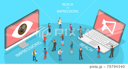 3D Isometric Flat Vector Conceptual Illustration of Reach vs Impression. 79794340