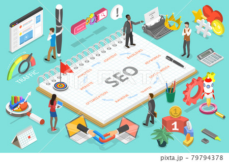 3D Isometric Flat Vector Conceptual Illustration of Search Engine Optimization Steps. 3D Isometric Flat Vector Conceptual Illustration of Search Engine Optimization Steps. 79794378