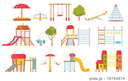 Playground equipment. Kids park carousels, swings and game modules with slides. Climbing wall and sandpit. Flat outdoor play area vector set 79794674