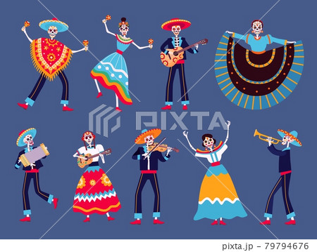 Day of dead skeletons. Mexican dia de los muertos skeleton dancers characters. Catrina, mariachi musicians skeletons with guitar vector set 79794676