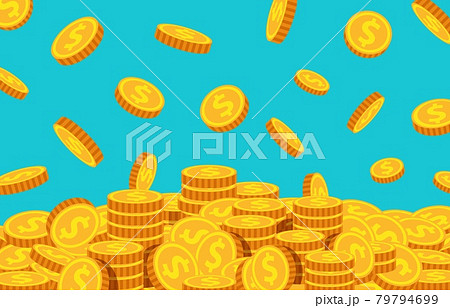 Cartoon coins falling. Gold dollar dropping, money rain background. Flying currency. Treasure, wealth or successful business vector concept 79794699