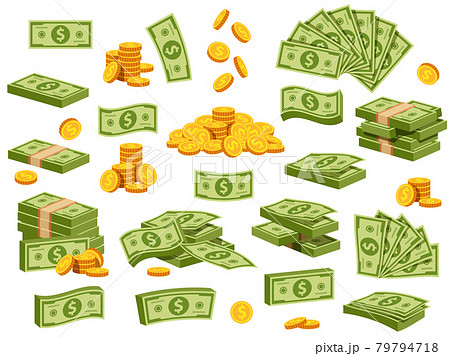 Cartoon banknotes and coins. Green dollar bill packs, bundles, stacks and piles. Flying banknote and falling gold coin. Bank cash vector set 79794718
