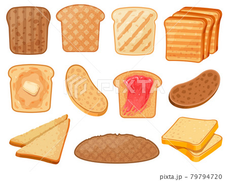 Cartoon toasts. Fresh toasted whole grain and wheat bread slices with butter and jam for breakfast. Roasted sandwich toast pieces vector set 79794720