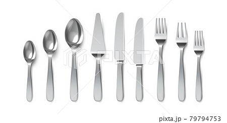 Realistic cutlery. Spoons, forks and table knives. Silverware utensil for serving. Dessert spoon and cake knife. Metal tableware vector set Realistic cutlery. Spoons, forks and table knives. Silverware utensil for serving. Dessert spoon and cake knife. Metal tableware vector set 79794753