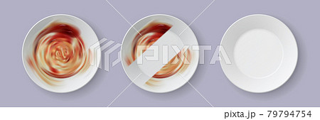Realistic dirty dish. Process of cleaning dinner plate with dishwashing soap. 3d dishes with food leftovers and clean stripe vector template 79794754