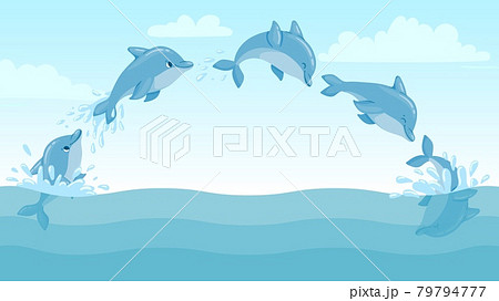 Dolphin jump out of water. Cartoon marine landscape with jumping dolphins and splashes. Cute ocean dolphin character vector animation frames 79794777