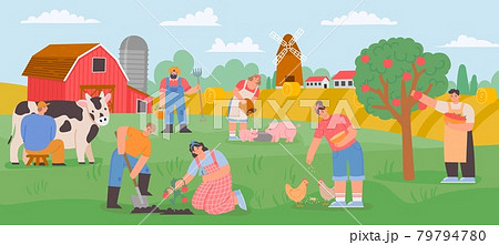 Farming landscape with workers. Countryside farmer community feed animals, milk cow and grow vegetables and fruits. Flat farm vector concept Farming landscape with workers. Countryside farmer community feed animals, milk cow and grow vegetables and fruits. Flat farm vector concept 79794780