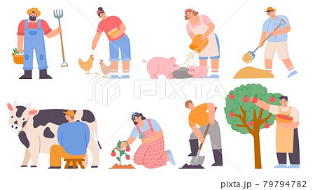Working farmers. Agricultural worker milk cow, feed chickens and pigs, harvesting apples and planting. Cartoon farm woman and man vector set 79794782