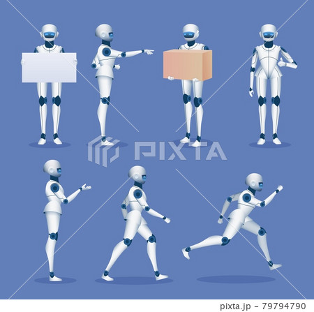 Humanoid robot mascot. Cartoon future android character poses. 3d robots running, standing, holding poster board and delivery box vector set 79794790