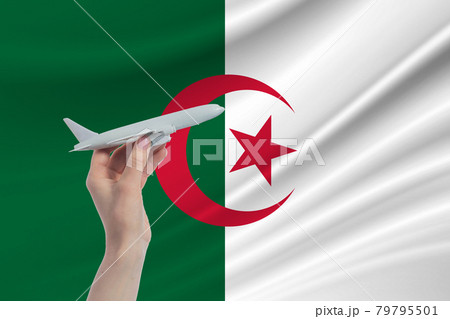 Airplane in hand with national flag of Algeria. Travel to Algeria 79795501