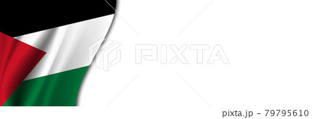 Palestinian state flag on white background. White background with place for text near the flag of Palestinian state 79795610