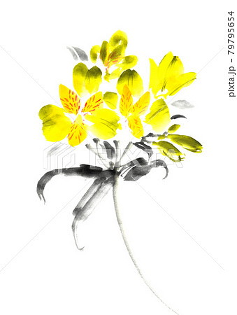 水墨画技法で描かれたアルストロメリアのイラスト素材