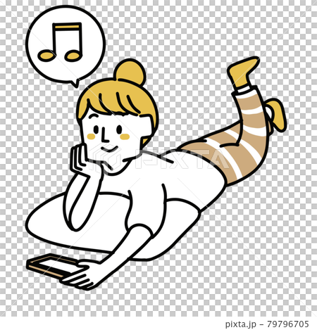 A woman watching a video on a tablet while lying down 79796705