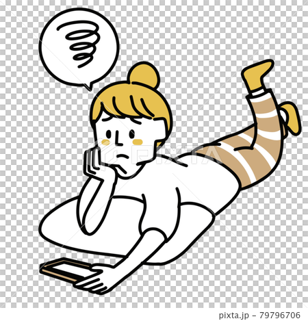 A woman watching a video while lying down (disappointed) A woman watching a video while lying down (disappointed) 79796706