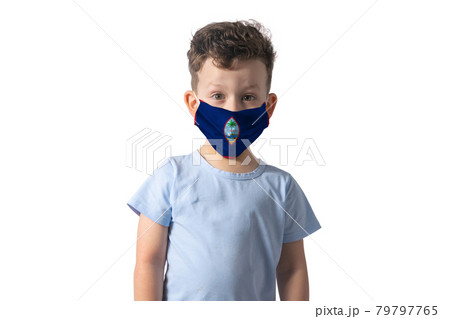 Respirator with flag of Puerto Rico. White boy puts on medical face mask isolated on white background Respirator with flag of Puerto Rico. White boy puts on medical face mask isolated on white background 79797765
