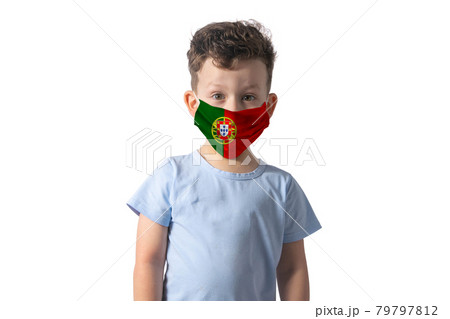 Respirator with flag of Portugal. White boy puts on medical face mask isolated on white background 79797812