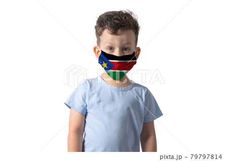 Respirator with flag of South Sudan. White boy puts on medical face mask isolated on white background 79797814